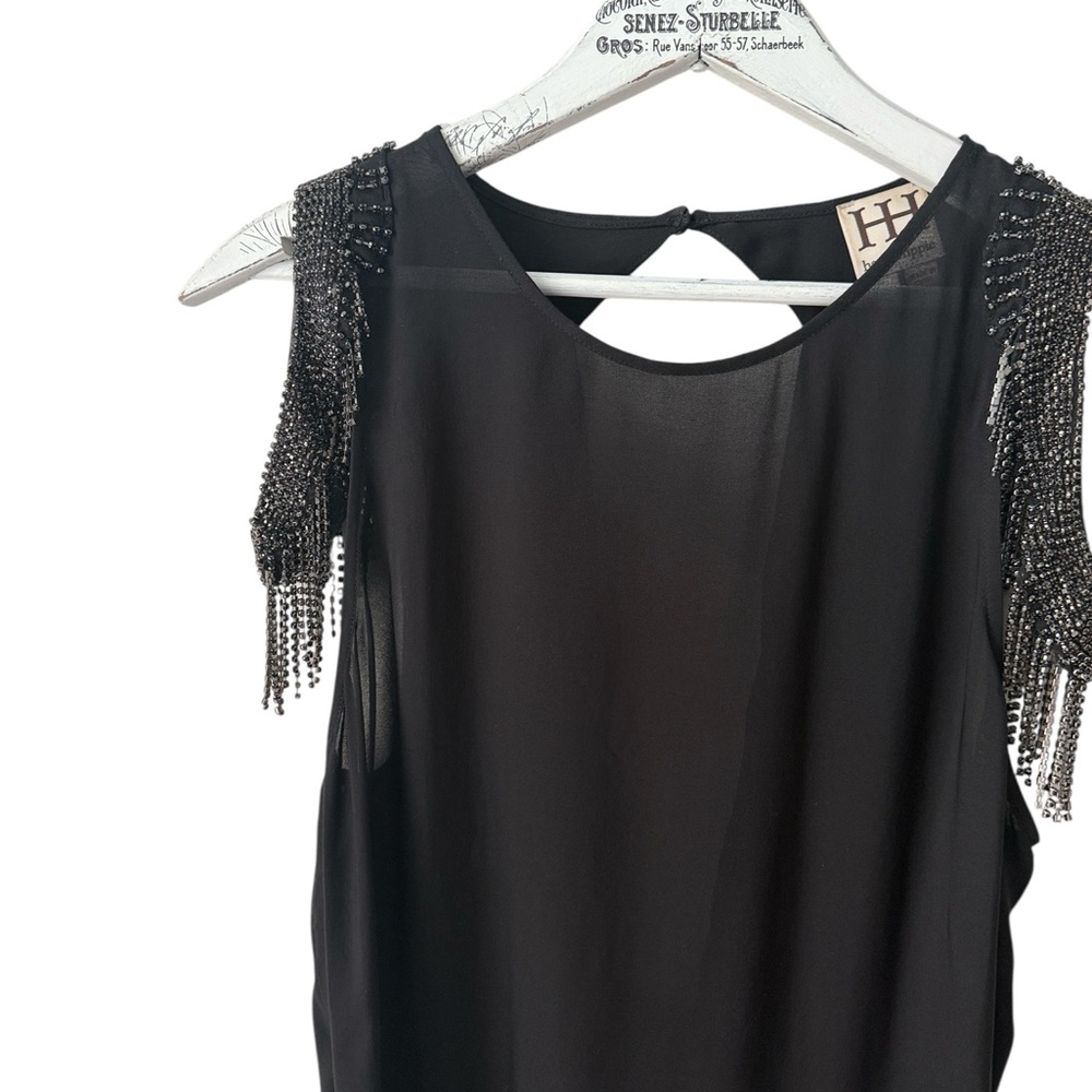 Haute Hippie Black Sheer Beaded Fringe Shoulder Top - Picture 3 of 5